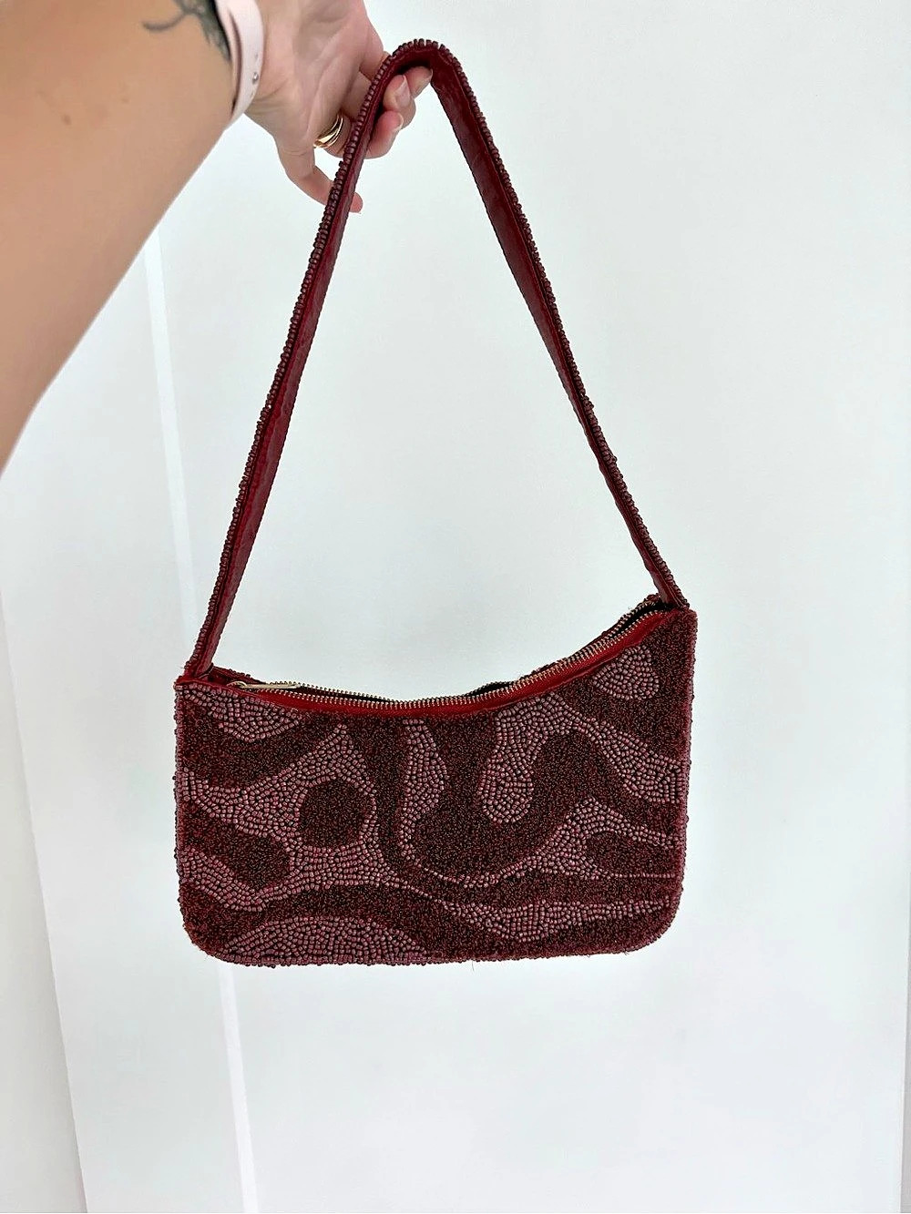 Beaded Shoulder Bag in Burgundy